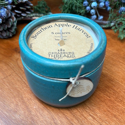 Bourbon Apple Harvest soy candle 8 ounces in teal ceramic vessel