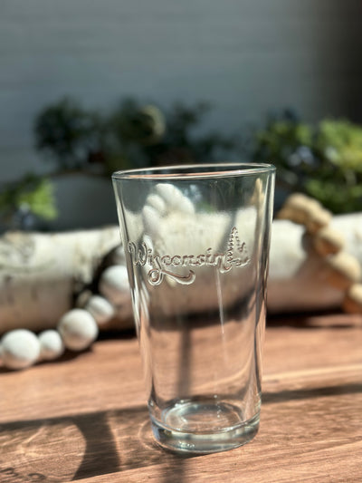 embossed wisconsin pint glass with pine trees