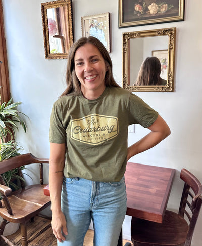 Military Green frost unisex triblend short sleeve tee with vintage Cedarburg design in natural