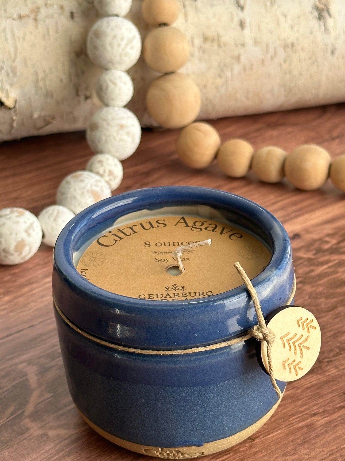 Citrus Agave hand poured soy candle in 8 ounce blue ceramic candle vessel