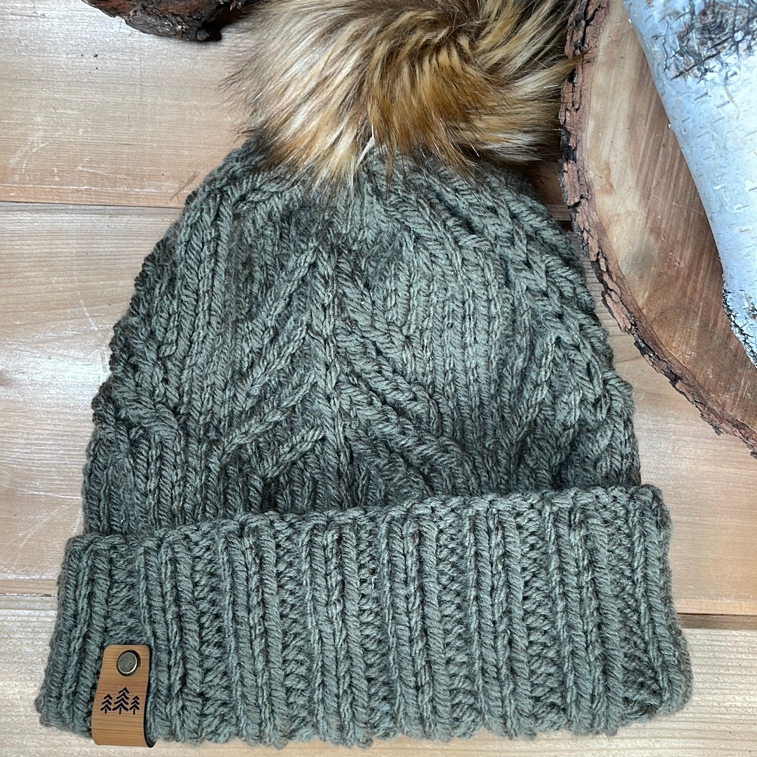 sage knit evergreen hat folded brim with brown faux fur Pom Pom