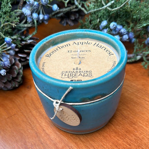 Bourbon Apple Harvest soy candle 12 ounces in teal ceramic vessel