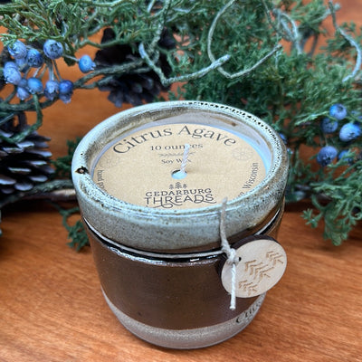 Citrus Agave hand poured soy candle in 10 ounce brown ceramic candle vessel