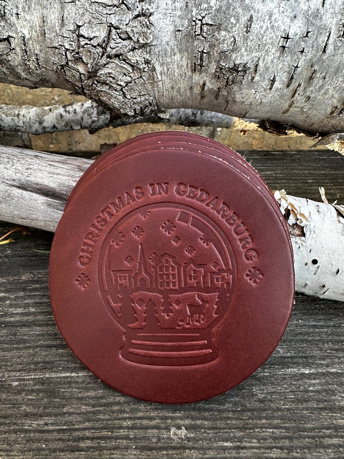 Russet Cedarburg Snow Globe Leather coaster