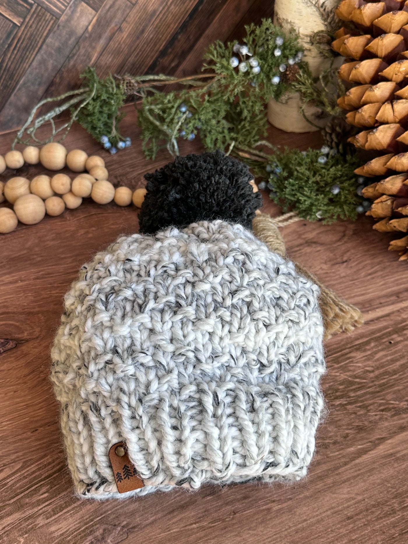 kids marble chunky knit handmade hat with dark grey yarn Pom Pom