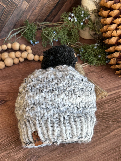 kids marble chunky knit handmade hat with dark grey yarn Pom Pom