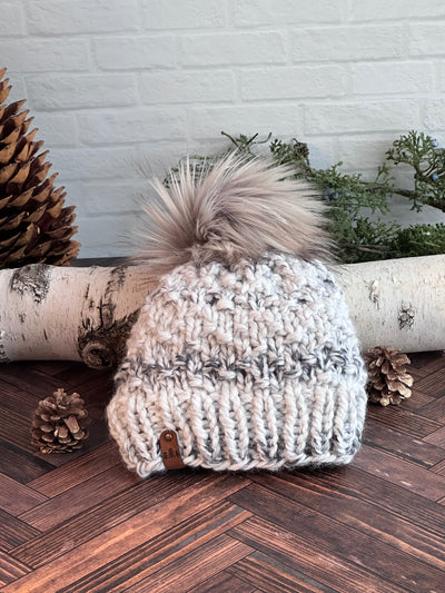 chunky knit handmade hat with brown faux fur Pom Pom 