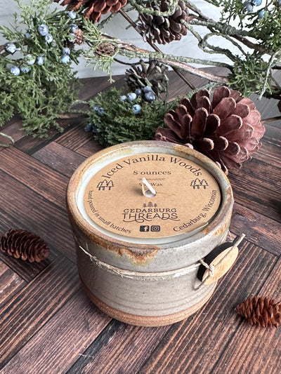Iced Vanilla Woods hand poured soy candle  in an 8 ounce grey ceramic vessel