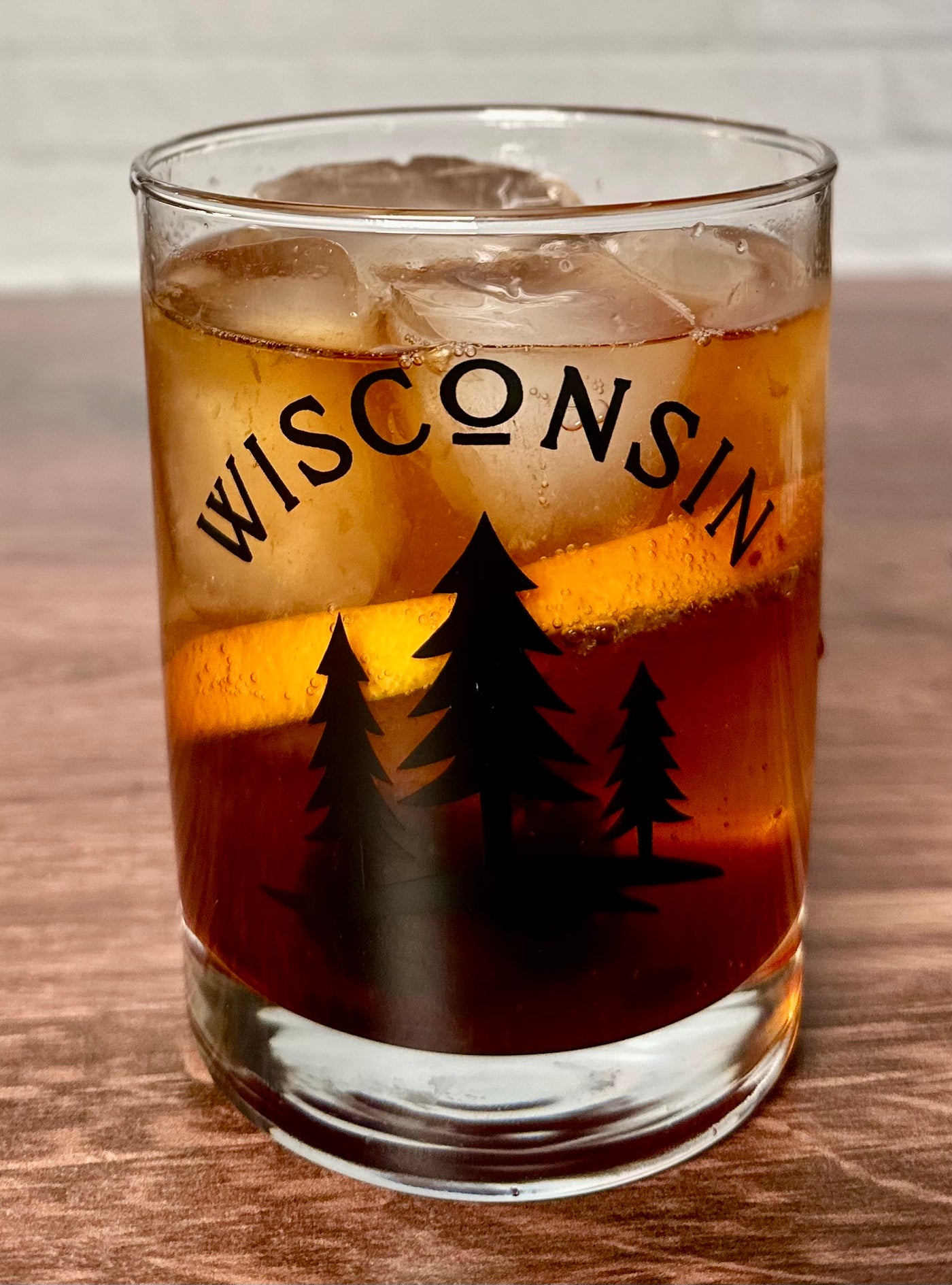 Three Tree Wisconsin design on a double old fashioned glass