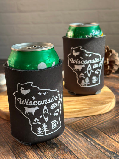 black coozies with Wisconsin icon design in white