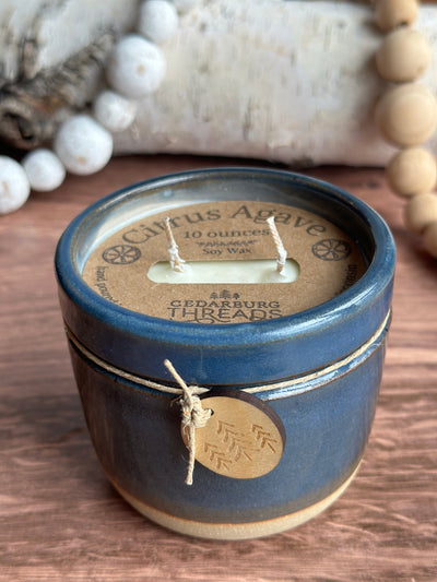 Citrus Agave hand poured soy candle in 10 ounce blue two wick ceramic candle vessel