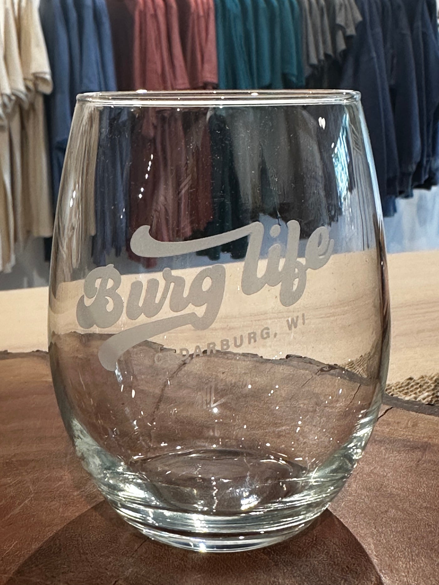 Burg life 15 ounce stemless wine glass in frosted grey