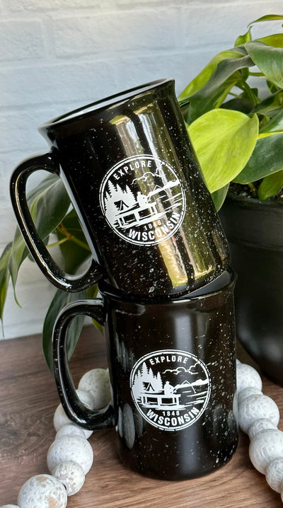 12 ounce tall campfire style keeper mug in black with white Explore Wisconsin keeper design