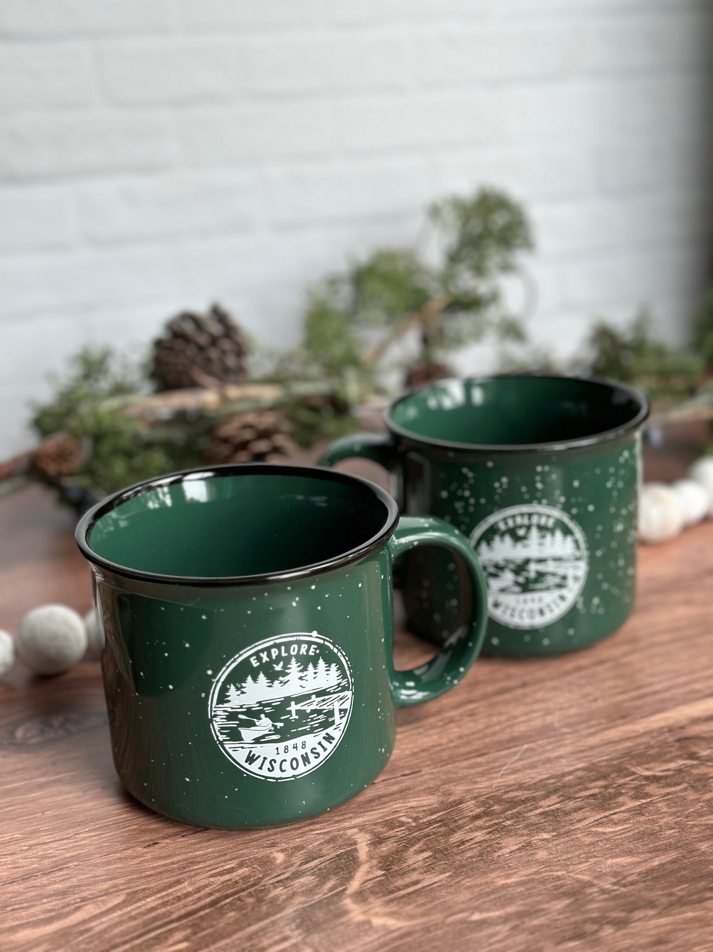 Forest Green ceramic campfire mug with Explore Wisconsin  Paddle mug