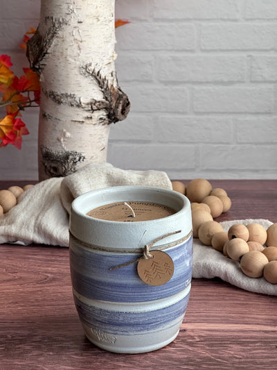 Toasted Pumpkin Spice hand poured soy candle in 14 ounces blue and white ceramic handmade vessel