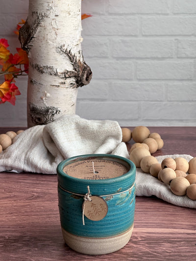 Toasted Pumpkin Spice hand poured soy candle in 8 ounces teal ceramic handmade vessel