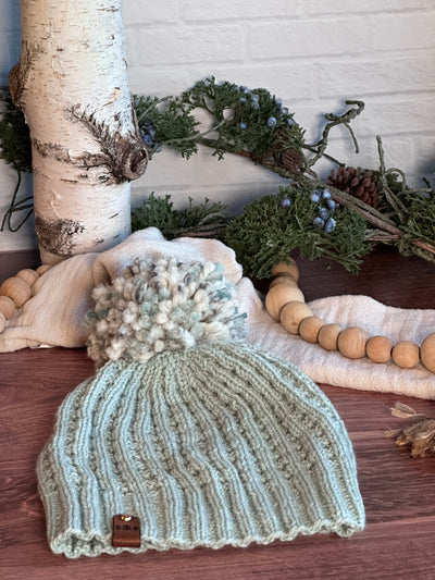 mint green waffle knit handmade lightweight hat with yarn Pom Pom 