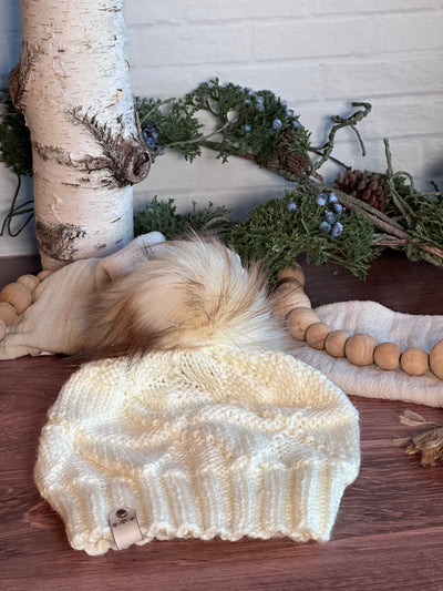 cream triangle handmade knit lightweight hat with brown faux fur Pom Pom