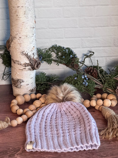 waffle handmade knit hat in lavender with brown faux fur Pom Pom