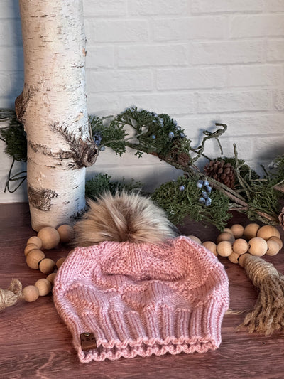 pink triangle handmade knit hats with removable brown faux fur Pom Pom 