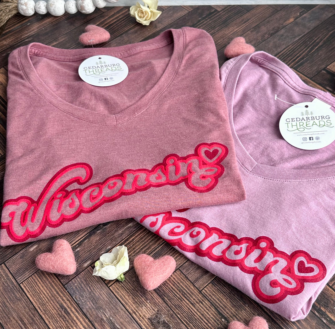 Wisconsin Love Long Sleeve V-neck tee in blush and wisteria color