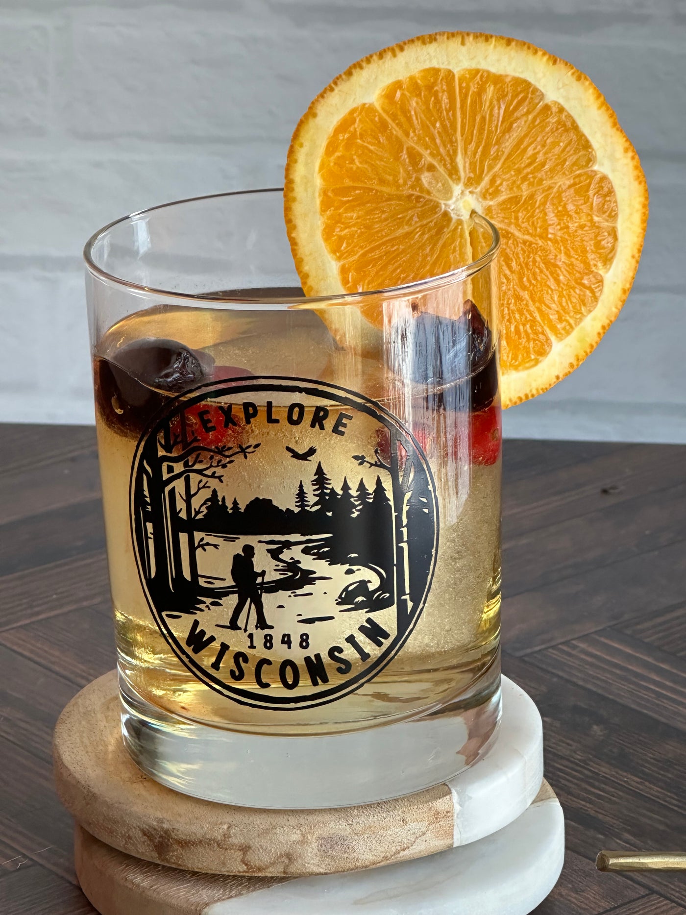 Explore Wisconsin hike design on double old fashioned glass