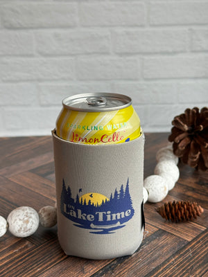 Grey Neoprene Can Coozie with On Lake Time design