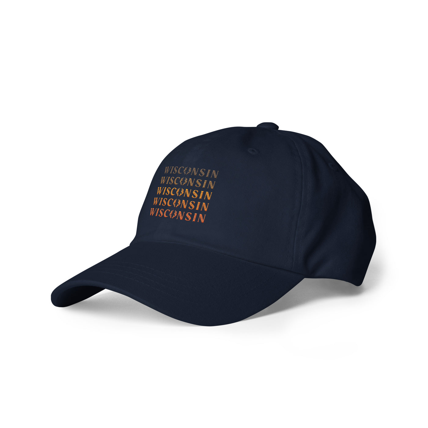 navy blue classic dad hat with Wisconsin buck ombre design in brown, yellow, and oranges