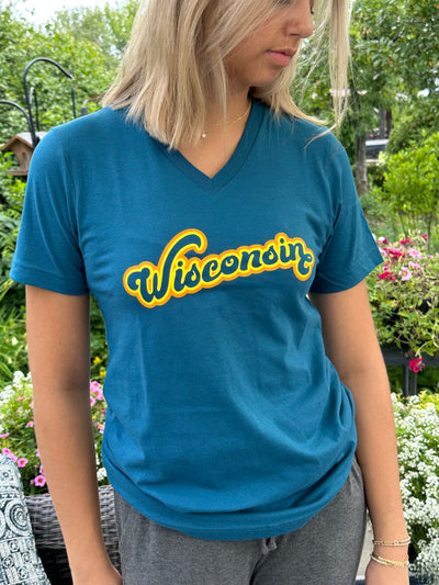 Teal unisex v-neck short sleeve tee with retro Wisconsin bubble design in yellow and orange