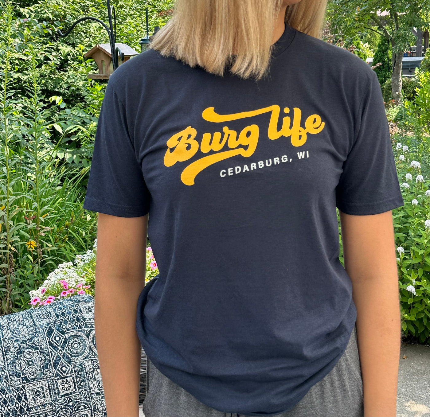 Navy short sleeve unisex tee with yellow and white Burg Life design