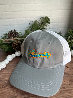 Wisconsin retro bubble font design in teal, yellow and orange on a white and grey mesh trucker style cap