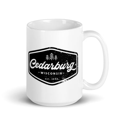 11 ounce white ceramic mug with vintage cedarburg design in green and black