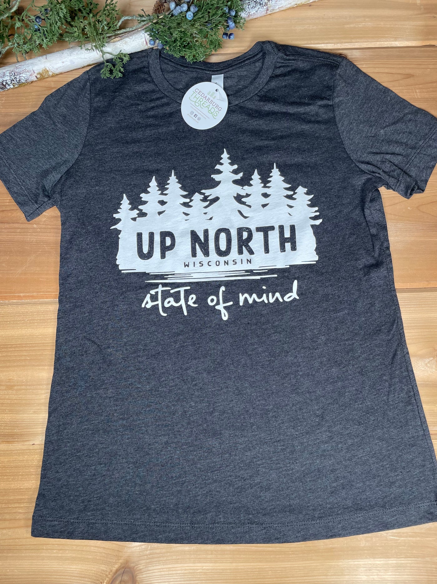 Charcoal Grey Wooded Up North Women's fit relaxed cotton tees
