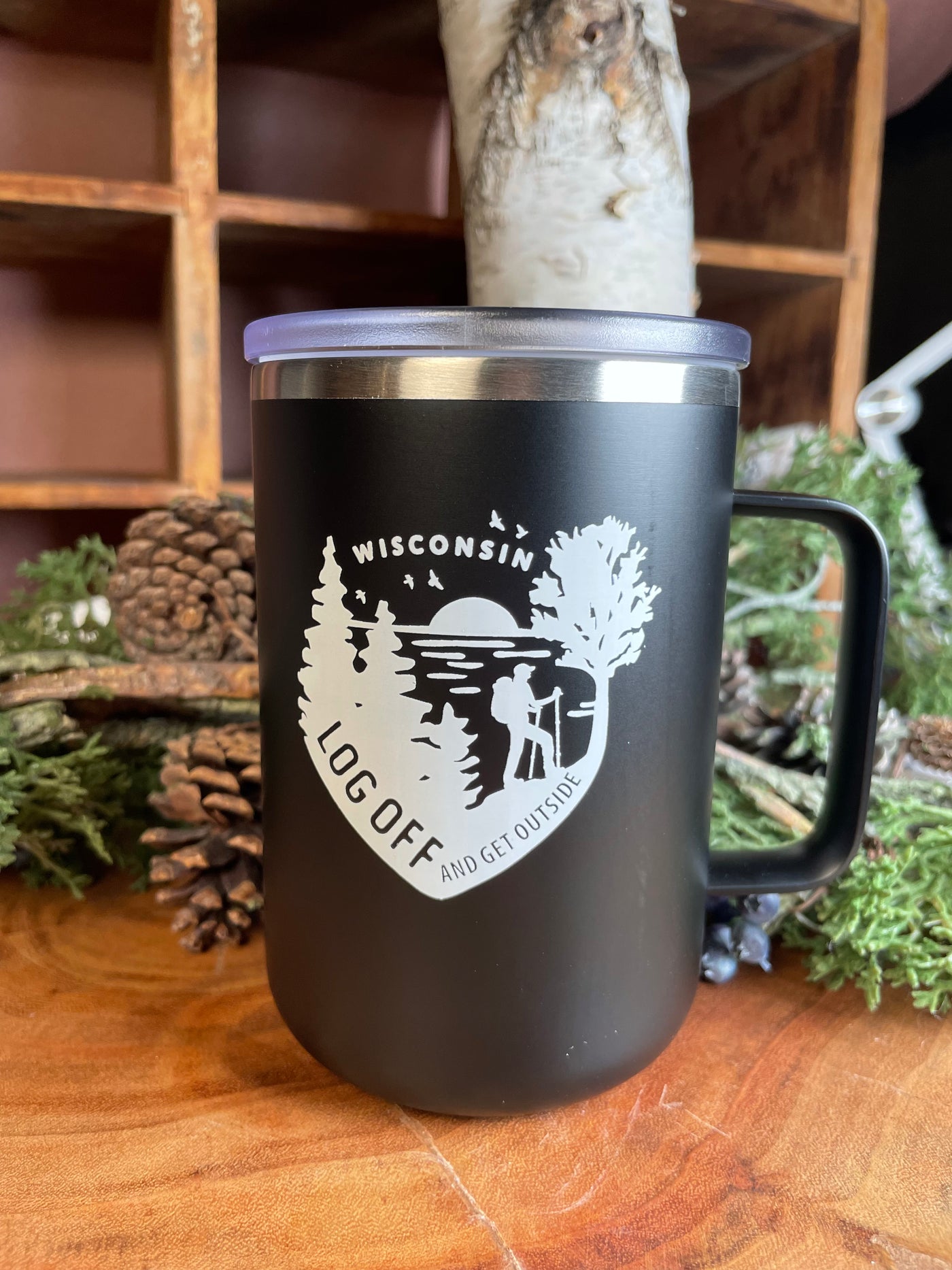 Black Insulated tumbler with white Log Off Wisconsin design