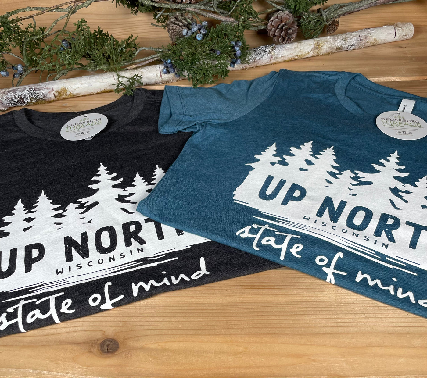 Heather Deep Teal and Charcoal Grey Wooded Up North Women's fit relaxed cotton tees
