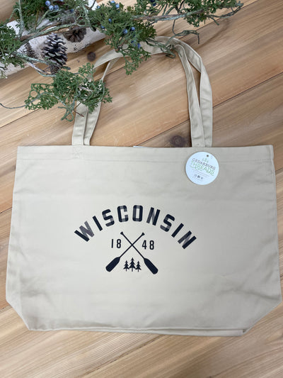 Wisconsin paddle design in black on an organic cotton tote bag