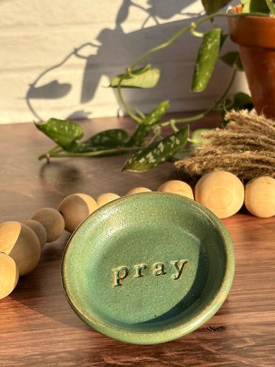 Pray ceramic Wish dish in teal color