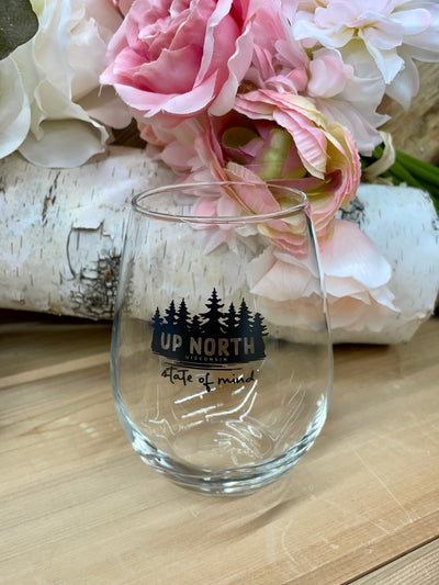 Wooded Up North Wisconsin stemless wine glass