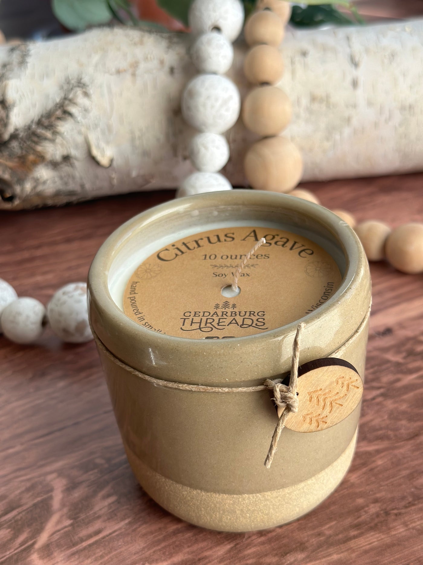 Citrus Agave hand poured soy candle in 10 ounce taupe ceramic candle vessel