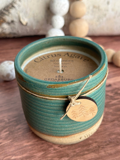 Citrus Agave hand poured soy candle in 10 ounce teal ceramic candle vessel