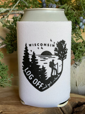 White coozie with black Log Off and Get Outside design in black