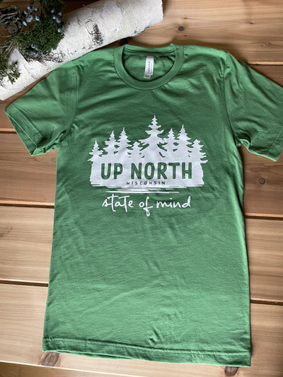 Leaf green unisex short sleeve cotton t-shirt with wooded up north design in white