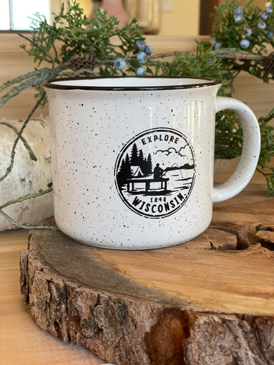 Ceramic campfire style mug with Explore Wisconsin keeper design in black