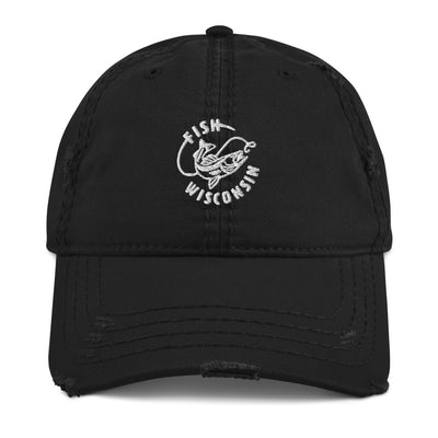 Distressed black dad hat with Fish Wisconsin design in white