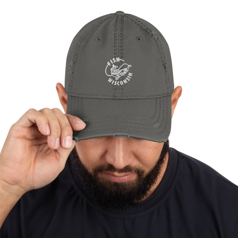 Distressed charcoal grey dad hat with Fish Wisconsin design in white