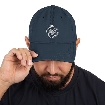 Distressed navy dad hat with Fish Wisconsin design in white