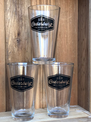 Pint glass with Vintage Cedarburg design  screen printed in black