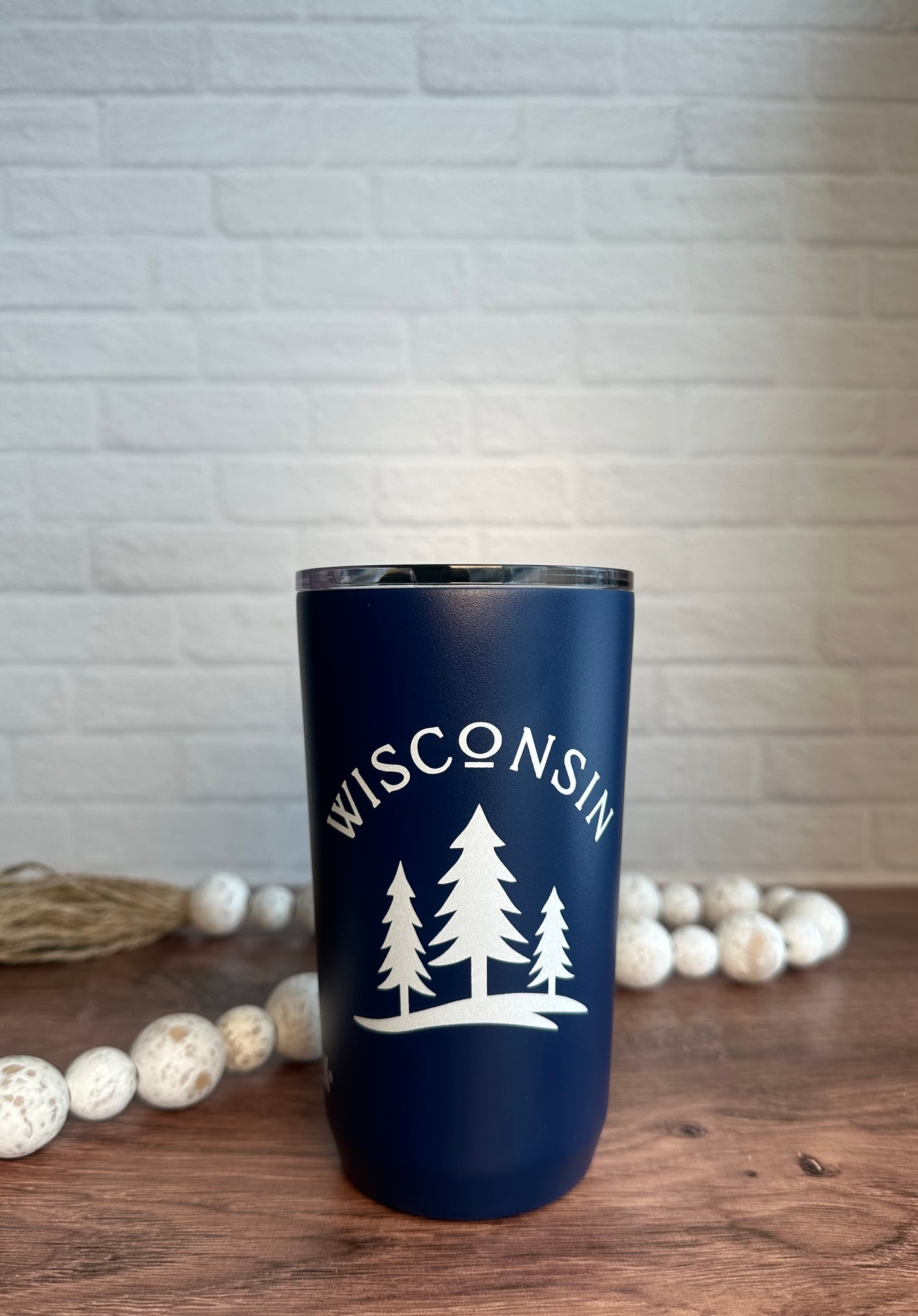 Navy blue with white printing Three Tree Wisconsin Insulated Tumbler