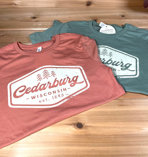 Terracotta and sage women's fit cotton t-shirt with Vintage Cedarburg design in white