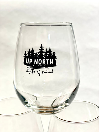 Wooded Up North Wisconsin state of mind stemless wine glass